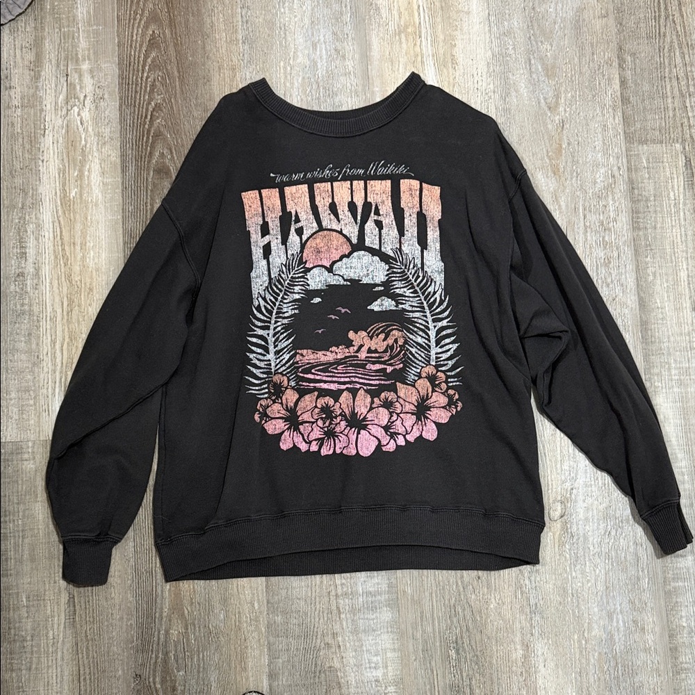 Hawaii Graphic Pullover Sweatshirt - Black with Pink Print